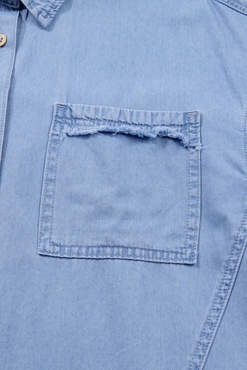 Solid Washed Drop Shoulder Bracelet Sleeve Cotton Shirt