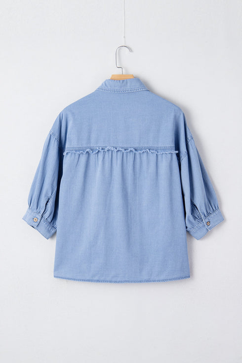Solid Washed Drop Shoulder Bracelet Sleeve Cotton Shirt