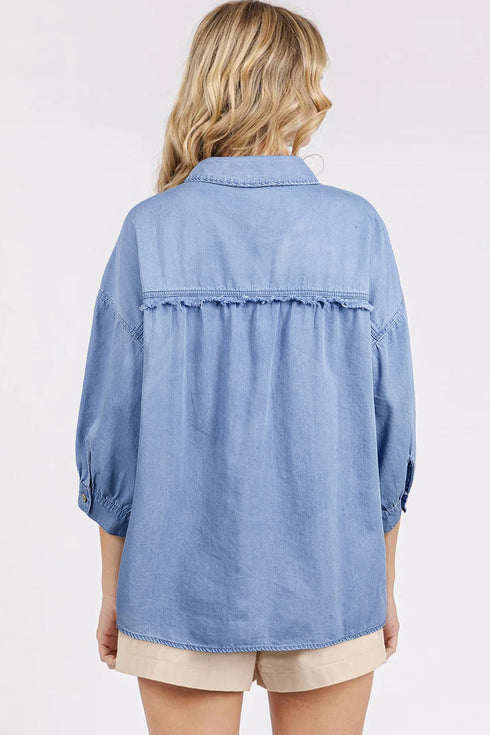 Solid Washed Drop Shoulder Bracelet Sleeve Cotton Shirt