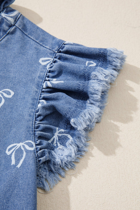 Solid Western Frilled Collar Flutter Sleeve Denim Top