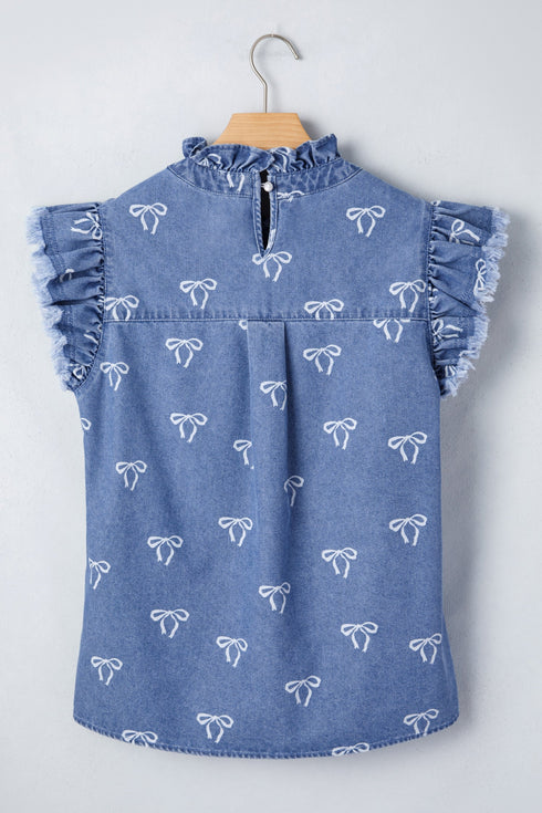 Solid Western Frilled Collar Flutter Sleeve Denim Top