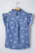 Solid Western Frilled Collar Flutter Sleeve Denim Top