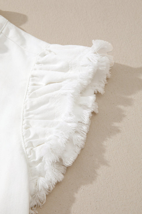 Solid Western Frilled Collar Flutter Sleeve Denim Top