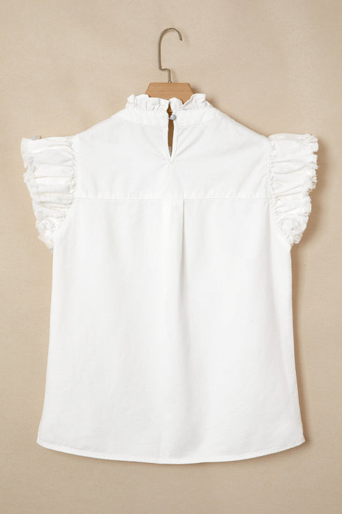 Solid Western Frilled Collar Flutter Sleeve Denim Top