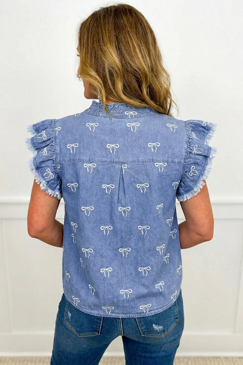 Solid Western Frilled Collar Flutter Sleeve Denim Top