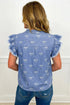 Solid Western Frilled Collar Flutter Sleeve Denim Top