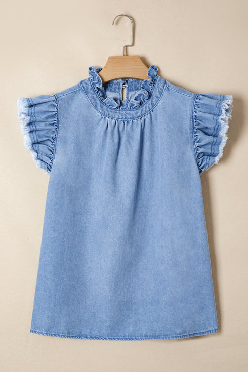 Solid Western Frilled Collar Flutter Sleeve Denim Top