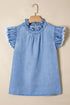 Solid Western Frilled Collar Flutter Sleeve Denim Top