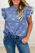 Solid Western Frilled Collar Flutter Sleeve Denim Top