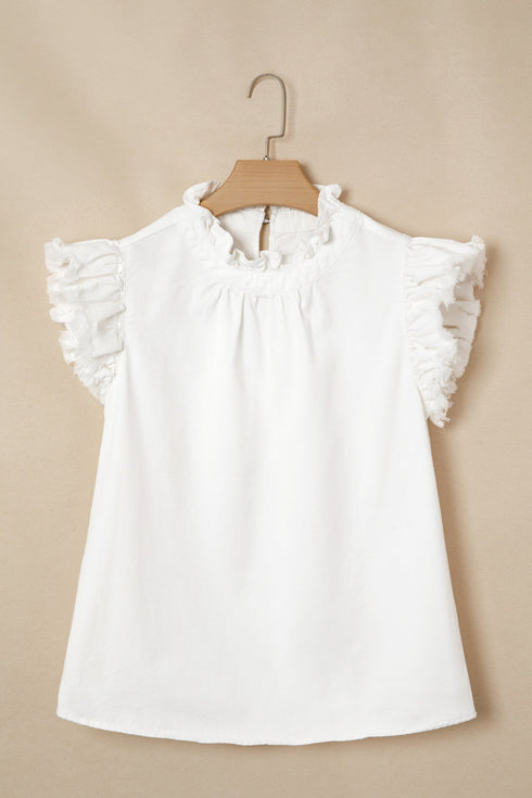 Solid Western Frilled Collar Flutter Sleeve Denim Top