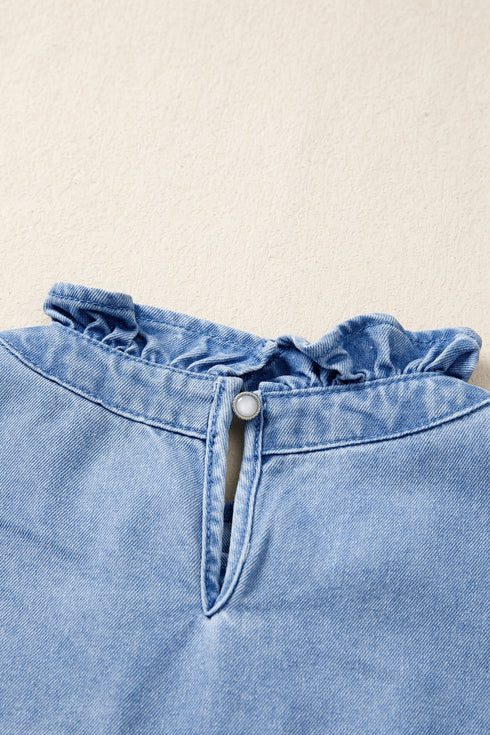 Solid Western Frilled Collar Flutter Sleeve Denim Top