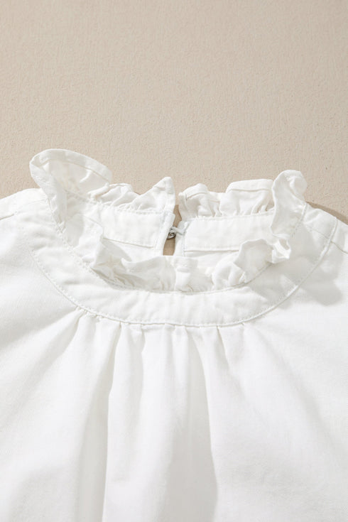 Solid Western Frilled Collar Flutter Sleeve Denim Top