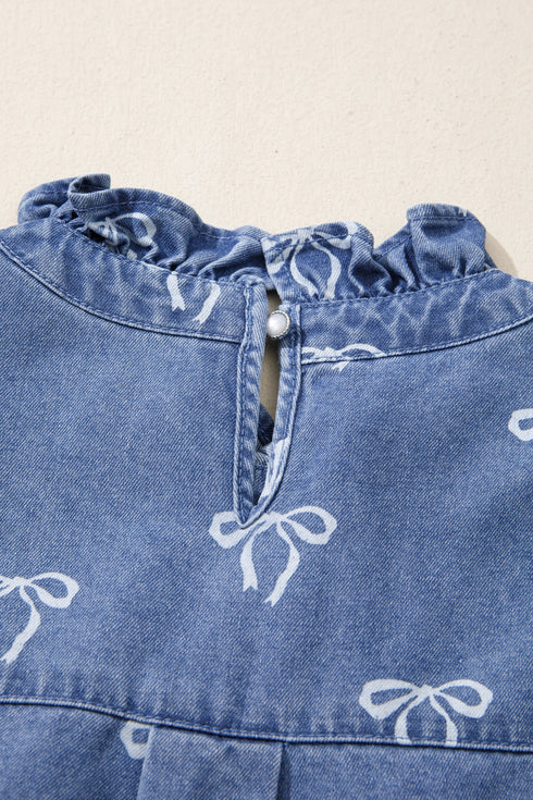 Solid Western Frilled Collar Flutter Sleeve Denim Top