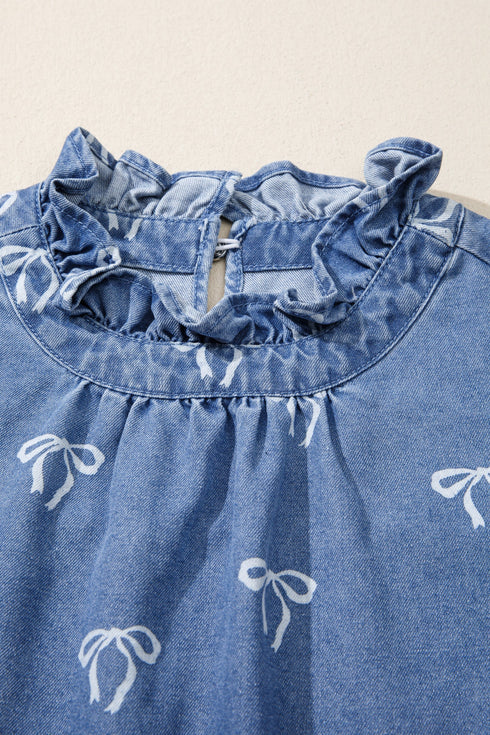 Solid Western Frilled Collar Flutter Sleeve Denim Top