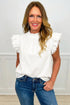 Solid Western Frilled Collar Flutter Sleeve Denim Top