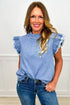Solid Western Frilled Collar Flutter Sleeve Denim Top