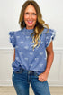 Solid Western Frilled Collar Flutter Sleeve Denim Top