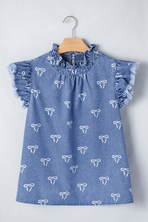 Solid Western Frilled Collar Flutter Sleeve Denim Top