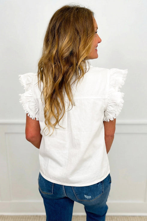 Solid Western Frilled Collar Flutter Sleeve Denim Top