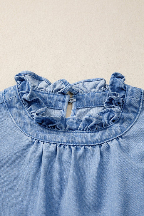 Solid Western Frilled Collar Flutter Sleeve Denim Top
