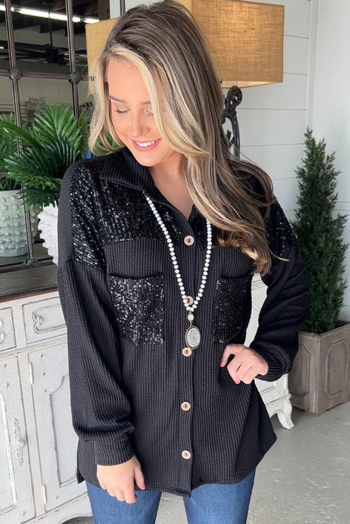 Solid Western Sequin Patch Pocket Corded Shirt Jacket