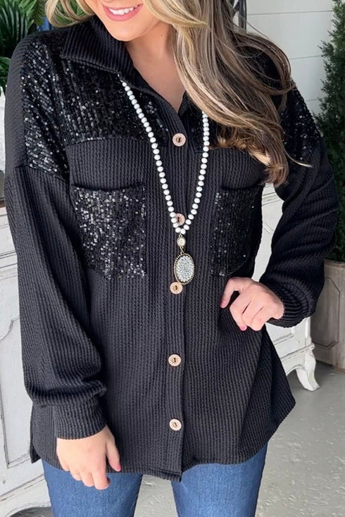 Solid Western Sequin Patch Pocket Corded Shirt Jacket