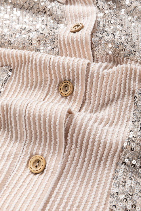 Solid Western Sequin Patch Pocket Corded Shirt Jacket