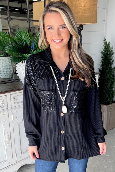 Solid Western Sequin Patch Pocket Corded Shirt Jacket