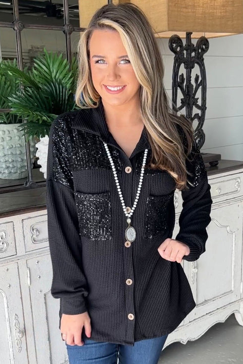 Solid Western Sequin Patch Pocket Corded Shirt Jacket