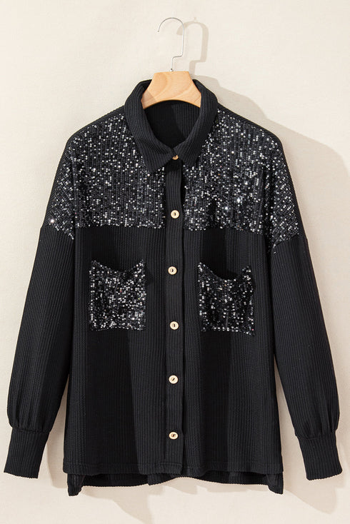 Solid Western Sequin Patch Pocket Corded Shirt Jacket