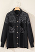 Solid Western Sequin Patch Pocket Corded Shirt Jacket