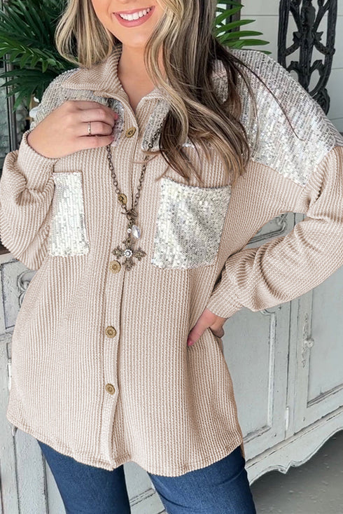 Solid Western Sequin Patch Pocket Corded Shirt Jacket