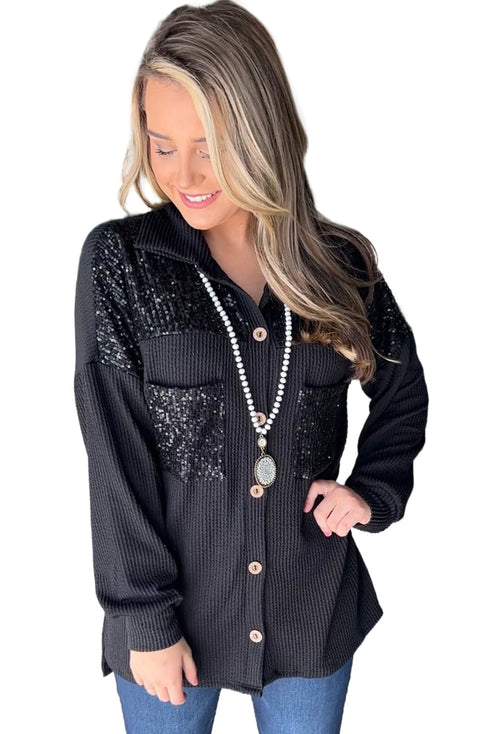 Solid Western Sequin Patch Pocket Corded Shirt Jacket