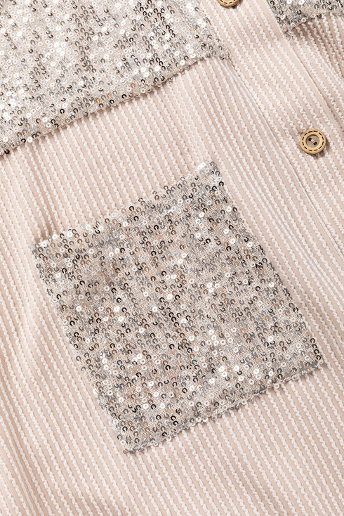 Solid Western Sequin Patch Pocket Corded Shirt Jacket