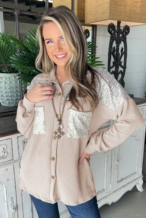 Solid Western Sequin Patch Pocket Corded Shirt Jacket