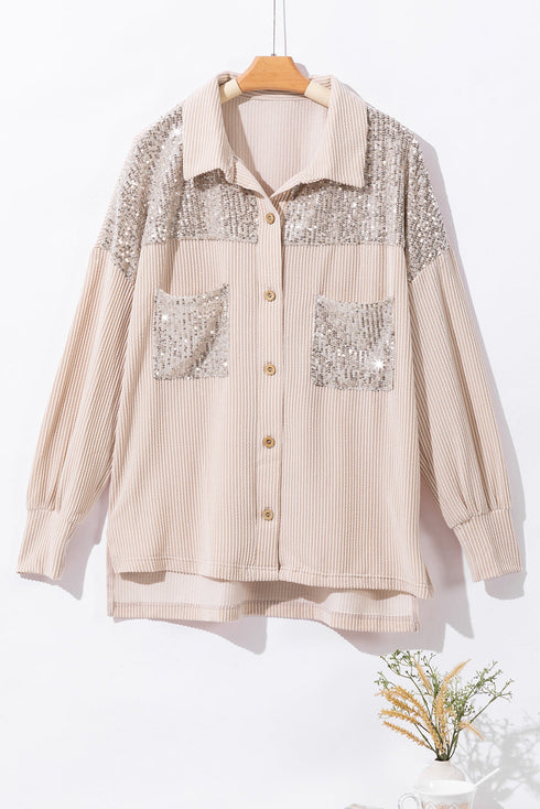 Solid Western Sequin Patch Pocket Corded Shirt Jacket
