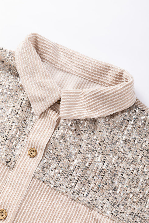 Solid Western Sequin Patch Pocket Corded Shirt Jacket