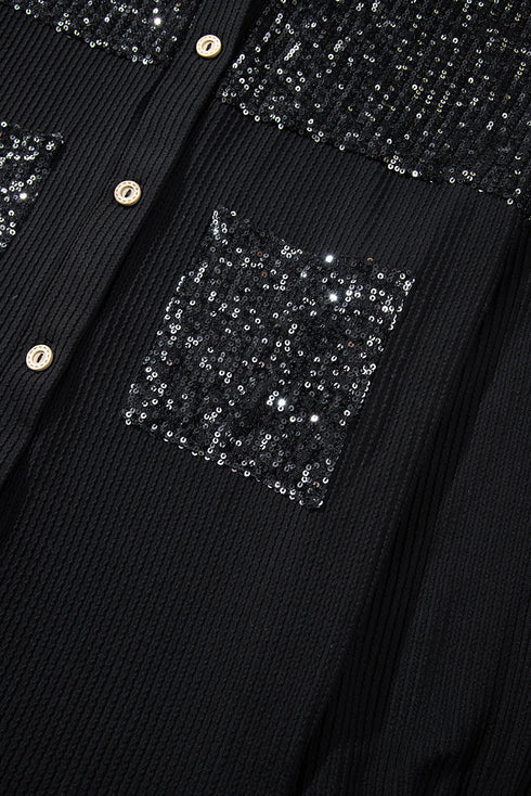 Solid Western Sequin Patch Pocket Corded Shirt Jacket