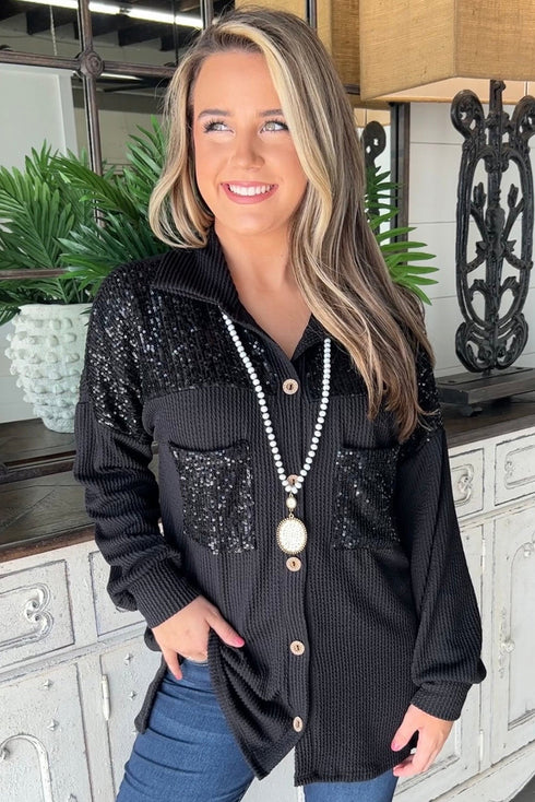 Solid Western Sequin Patch Pocket Corded Shirt Jacket