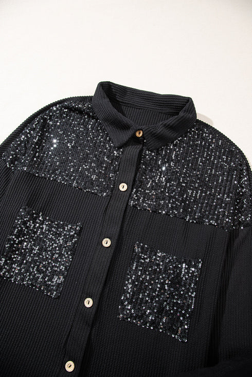 Solid Western Sequin Patch Pocket Corded Shirt Jacket