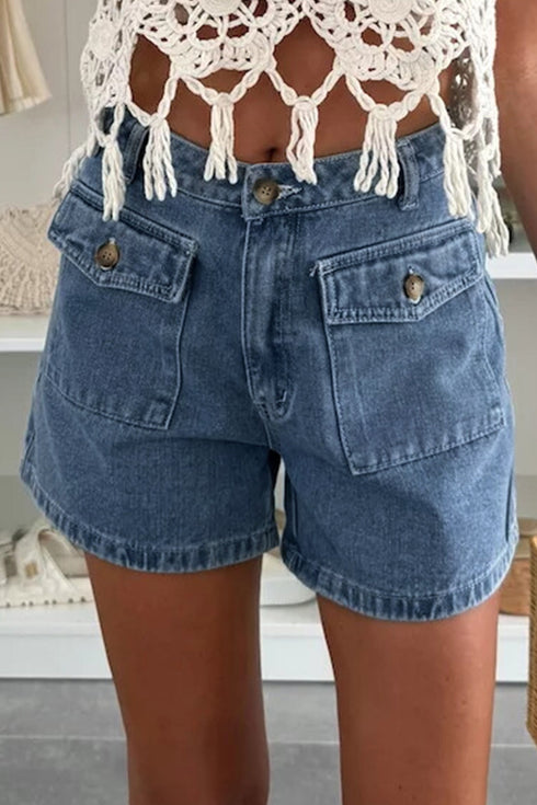 Solid Western Style Flap Pocket Denim Shorts