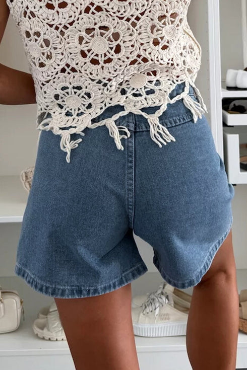Solid Western Style Flap Pocket Denim Shorts
