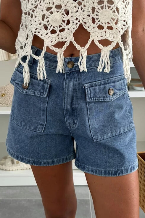 Solid Western Style Flap Pocket Denim Shorts