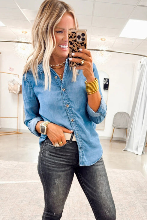 Solid Western Style Slim Fit Denim Button Down Shirt