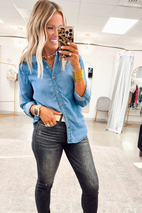 Solid Western Style Slim Fit Denim Button Down Shirt