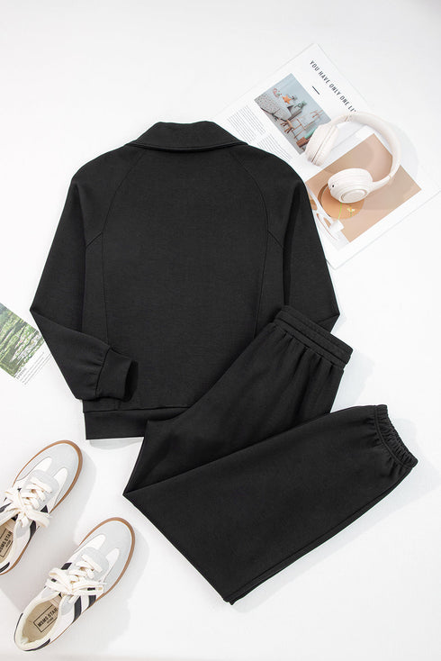 Solid Zip Collar Long Sleeve Drawstring Pant Set