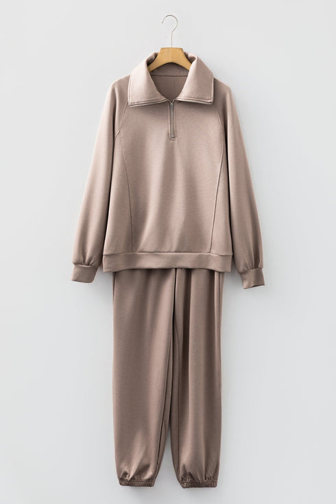 Solid Zip Collar Long Sleeve Drawstring Pant Set