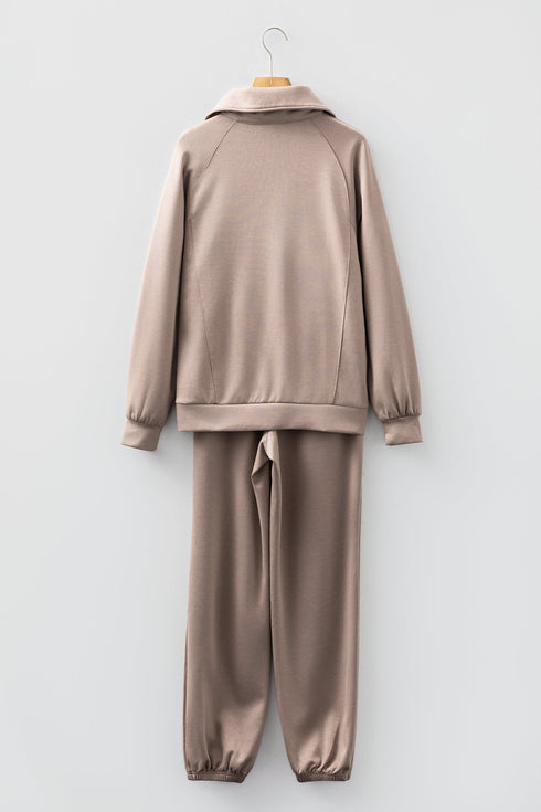 Solid Zip Collar Long Sleeve Drawstring Pant Set