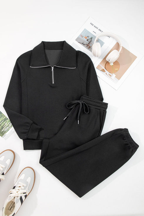 Solid Zip Collar Long Sleeve Drawstring Pant Set