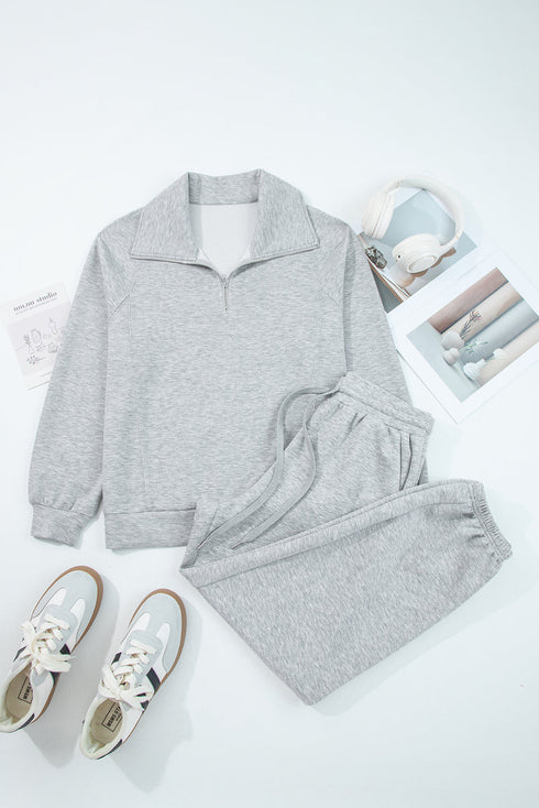 Solid Zip Collar Long Sleeve Drawstring Pant Set